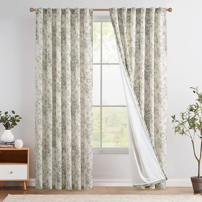 jinchan Gray Floral Linen Curtains Lined 84 Inch Vintage Back Tab 2 Panels | by JINCHAN