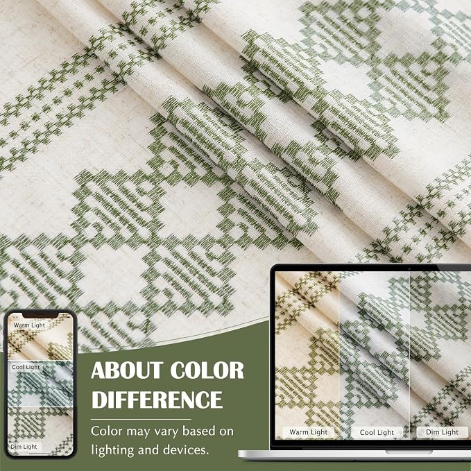 jinchan Floral Linen Curtains Embroidered Back Tab 50x96in 2 Panels Green | - Image 8