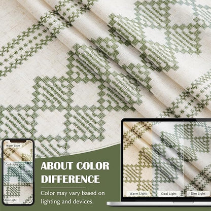 jinchan Floral Linen Curtains Embroidered Back Tab 50x96in 2 Panels Green | - Image 8