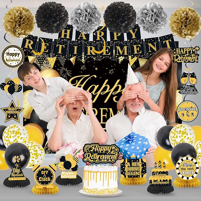 Retirement Party Decorations for Men Women Black Gold Happy Retirement Banner - Image 4