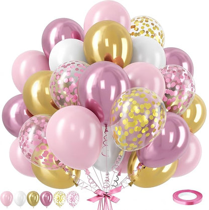 Pink Gold Balloons Set, 12 Inch Pink White Latex Balloons Pink Confetti Helium by TAOYE
