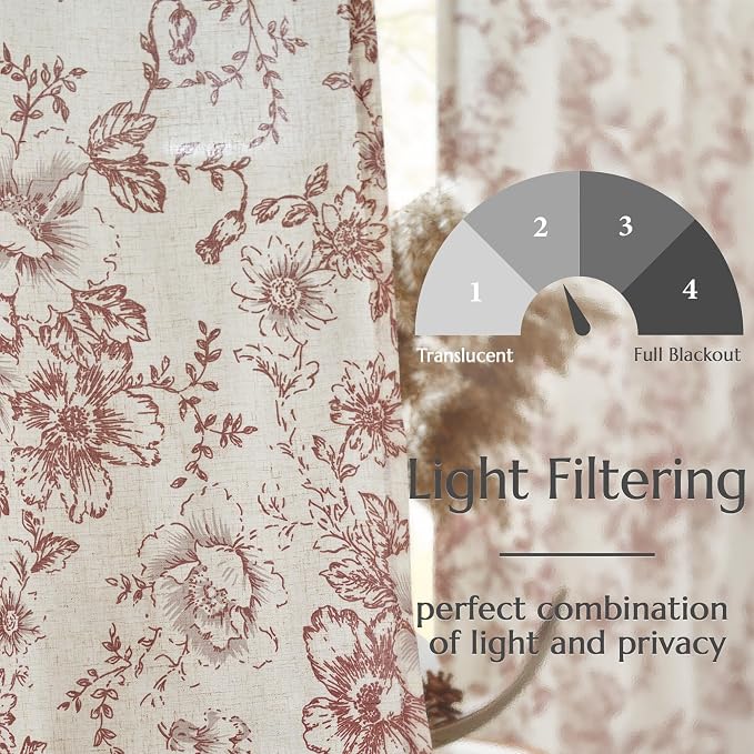 jinchan Red Floral Linen Curtains 108 Inch Farmhouse Back Tab 2 Panels | Light - Image 5