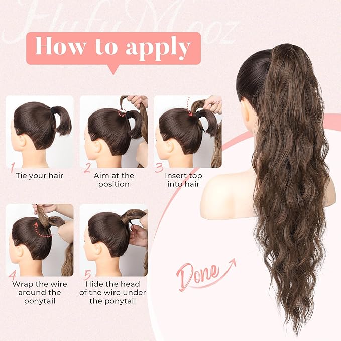 Flufymooz Ponytail Extension, Flexible Wrap Around Ponytail Extension Long Wavy Curly Ponytail Hair Extensions Natural pony tail Synthetic Hairpiece for Women 32 Inch (Natural Black)