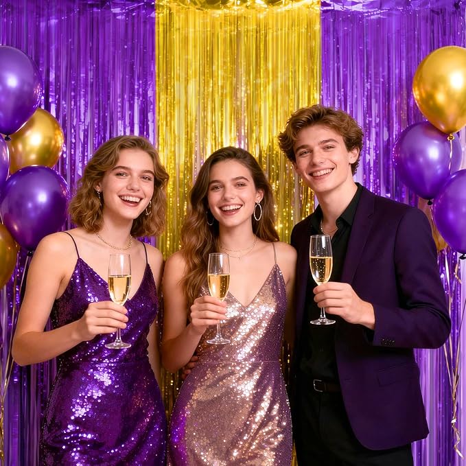 jijAcraft Purple Gold Tinsel Foil Fringe Curtain, 3 Pack 3.2x6.5 Feet - Image 4