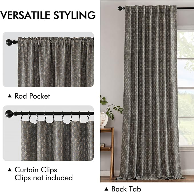 MIULEE Patterned Farmhouse Linen Curtains, Back Tab, Dark Grey | Linen Curtains - Image 3