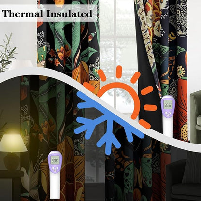 Tyrot Black Boho Floral 100% Blackout Curtains - Image 5