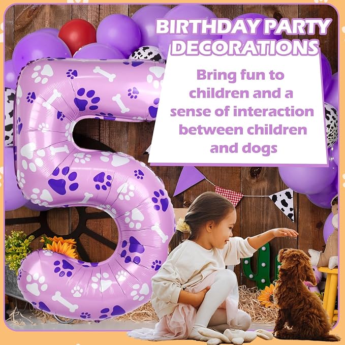 40 Inch Pink Dog Paw Birthday Balloons, Numeral 5 Balloons - Image 5