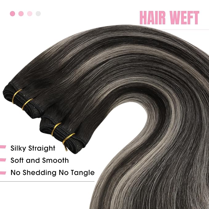 YoungSee Sew in Hair Extensions Real Human Hair Ombre Black Human Hair Extensions Sew in Black Ombre Silver Balayage Soft Hair Weft Extensions for Women 18Inch 100G
