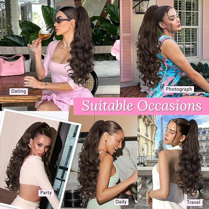 ALXNAN Claw Long Wavy Ponytail Extension,24 Inch Curly Pony Tail Clip in Hair Extensions for Women,Dark Chocolate Brown Clip on Pony Tails Hair Extensions