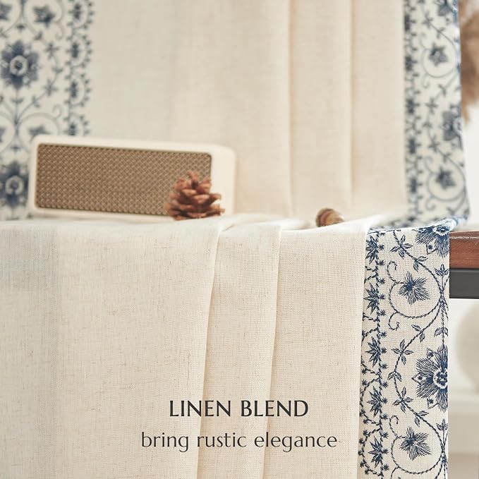 jinchan Floral Linen Curtains Embroidered Back Tab 50x90in 2 Panels Blue | - Image 9