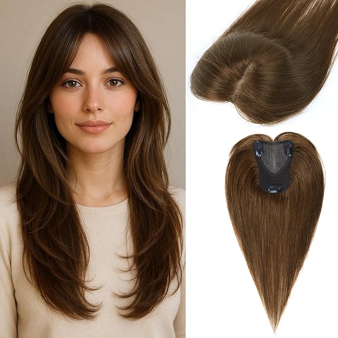 Hair Toppers for Women Real Human Hair Topper Upgrade Swiss Lace Middle Part Clip in Bangs Remy Human Hair Straight Hairpieces for Thinning Realistic Scalp 360° Cover Gray Hairy Roots Caramel Brown