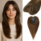 Hair Toppers for Women Real Human Hair Topper Upgrade Swiss Lace Middle Part Clip in Bangs Remy Human Hair Straight Hairpieces for Thinning Realistic Scalp 360° Cover Gray Hairy Roots Caramel Brown