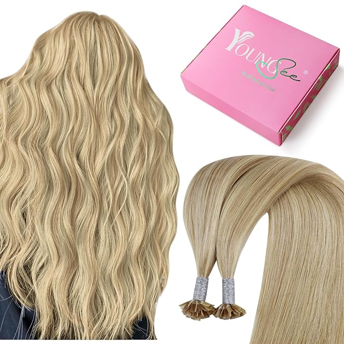 YoungSee K Tip Hair Extensions Human Hair Blonde Highlight Ktip Human Hair Extensions Golden Blonde Highlight 14inch 50s/50g