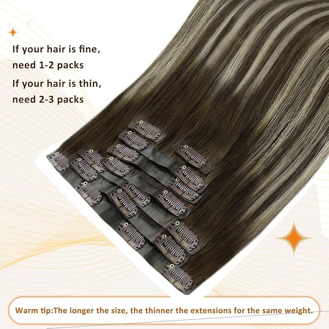 Full Shine Seamless Hair Extensions Clip in 14 Inch Brown Balayage Clip in Hair Extensions Straight Dark Brown Balayage Platinum Blonde Hair Softness 8 PCS 120 Grams