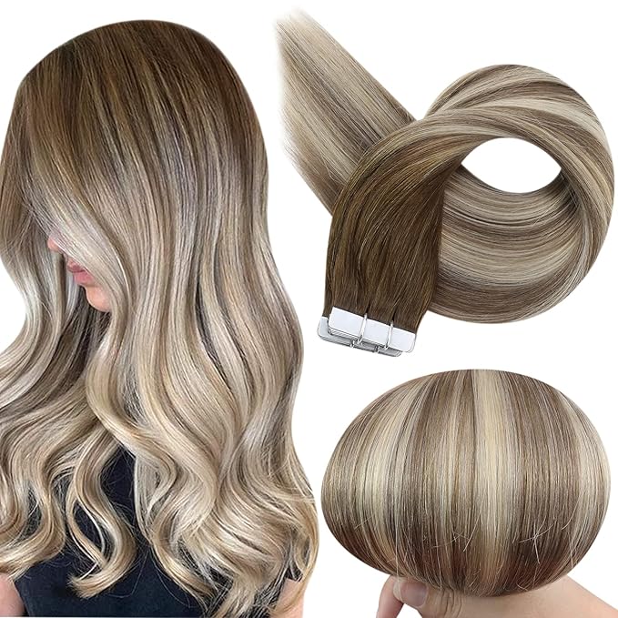 Full Shine Tape Hair Extensions Real Human Hair Balayage Color 3 Dark Brown Fading to 8 Ash Brown Highlight 22 Blonde Tape in Hair Extensions Real Human Hair Tape Ins 14 Inch 50G 20pcs for Wedding