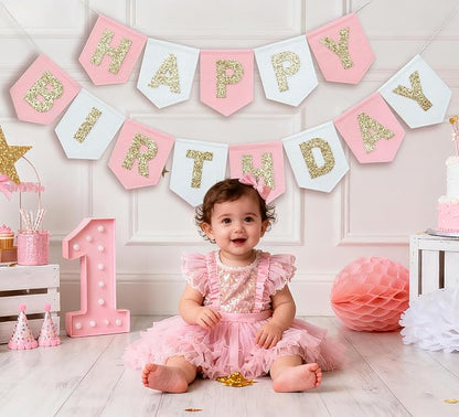 Felt Pink Gold White Happy Birthday Banner Birthday Decorations - Image 3