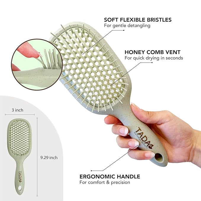 TADA Natural Beauty Hair Brush Detangler for Curly, Thick, Wavy, and Thin Hair - Ventilation Holes for Quick Drying and Styling, Detangler Brush for Women, Men, Kids (4 Colors) (Green)