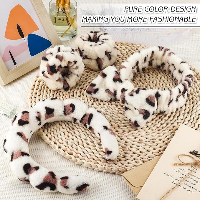 Zkptops 6Pcs Spa Headband for Washing Face Wristbands Set Women Bubble Skincare Makeup Sponge Plush Padded Puffy Headband Bow Tie Hairband Cute Non Slip Thick Hair Accessory Gifts(Beige Leopard)