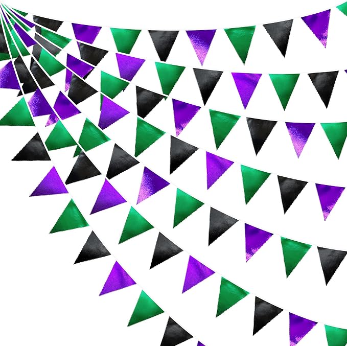Black Purple Green Party Decorations Metallic Fabric Triangle Pennant Banner by pinkblume