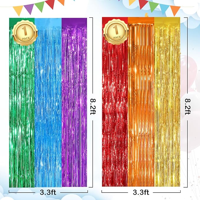 Rainbow Fringe Curtain Party Streamers 2Pack 3.3 x 8.3 Ft Foil Fringe Backdrop - Image 2