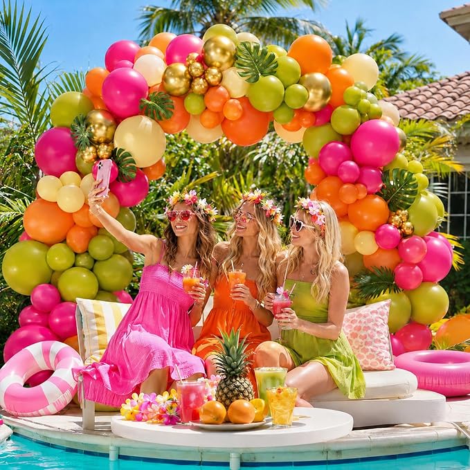 Tropical Hawaiian Balloons Arch Garland Kit, Olive Green Hot Pink Orange Yellow - Image 3