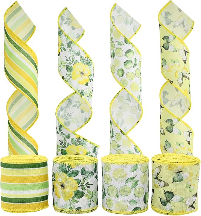 4 Rolls Floral Wired Edge Ribbon – Spring Summer Yellow Grosgrain - Image 2