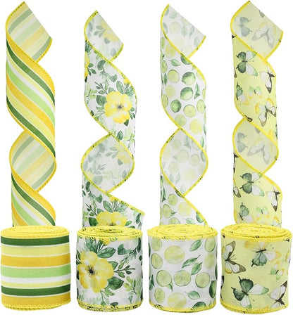4 Rolls Floral Wired Edge Ribbon – Spring Summer Yellow Grosgrain - Image 2