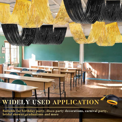 8 Pcs 15ft Gold Black Metallic Foil Ceiling Fringe Curtains, Graduation Party - Image 6