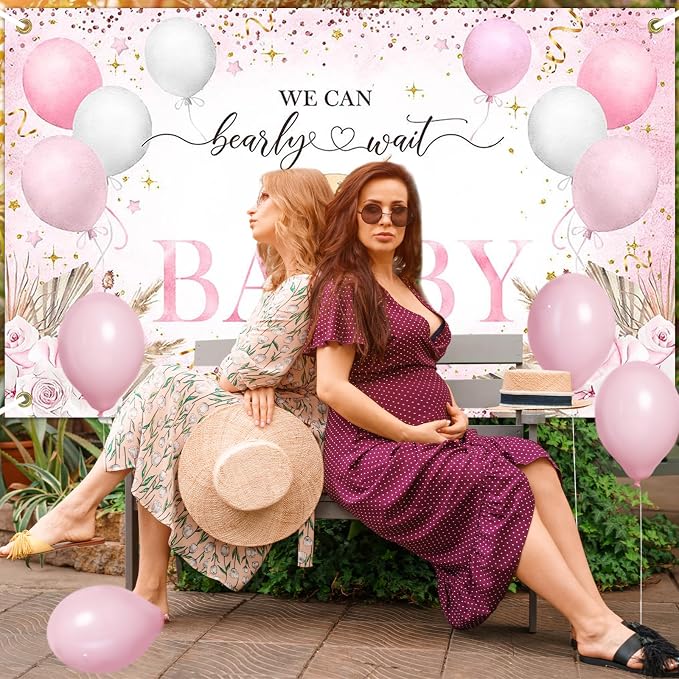Pink Bear Baby Shower Backdrop 6x3.6 ft We Can Bearly Wait Banner - Image 5