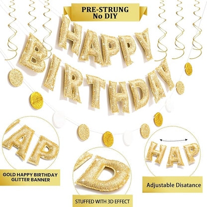 Pre-strung Gold Glitter Happy Birthday Banner Reusable Birthday Decorations | - Image 2