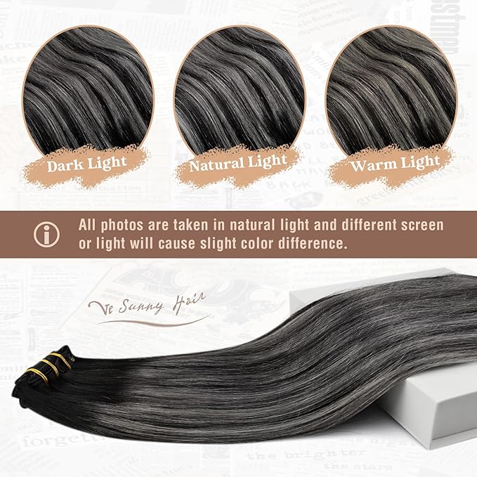 Ve Sunny Clip in Hair Extensions Black Hair Extensions Real Human Hair Silver Clip in Human Hair Extensions Balayage Human Hair Clip in Extensions Ombre Ease of Use 100g 7pcs 14inch