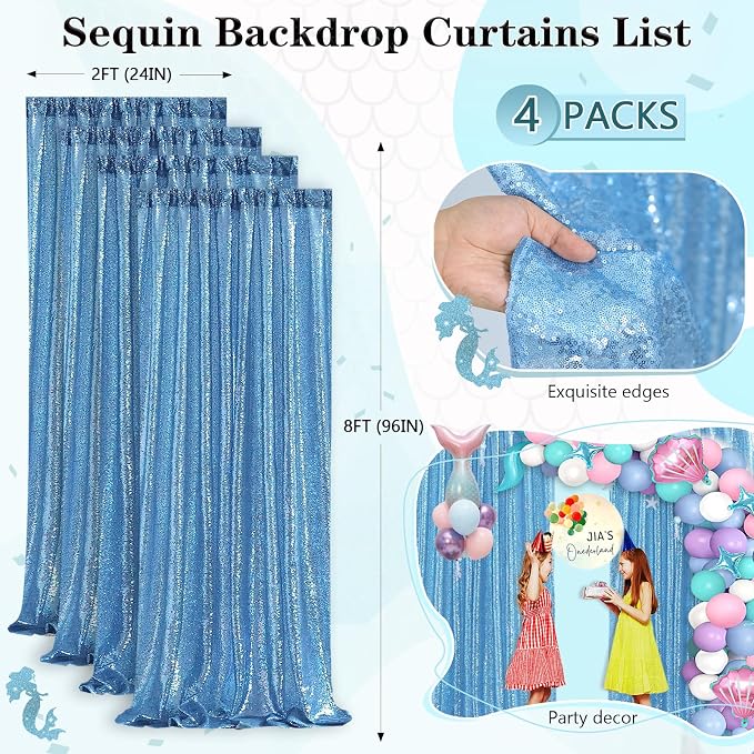 Baby Blue Christmas Backdrop Curtains 4 Pieces 2FTx8FT Sequin Photo Pooth | - Image 3