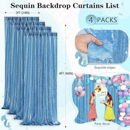 Baby Blue Christmas Backdrop Curtains 4 Pieces 2FTx8FT Sequin Photo Pooth | - Image 3