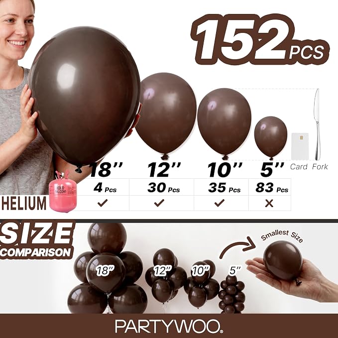 PartyWoo Dark Brown Balloons 152pcs Boho Coffee Neutral Color | 18 12 10 5 Inch - Image 6