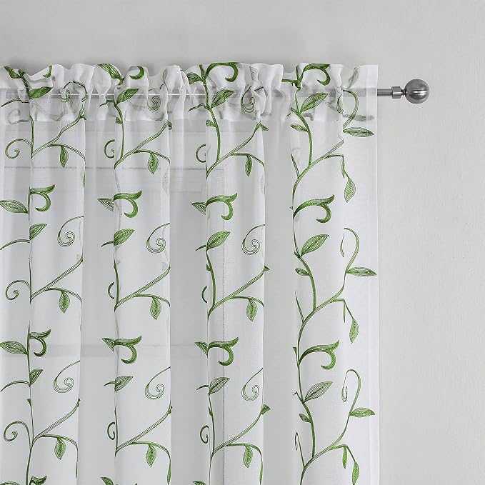 White Sheer Curtains Green Embroidered Leaves 2 Panels 54Wx108L | Light - Image 3