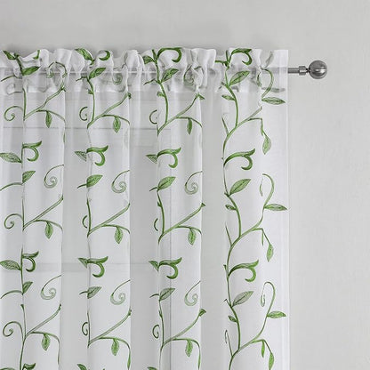White Sheer Curtains Green Embroidered Leaves 2 Panels 54Wx108L | Light - Image 3