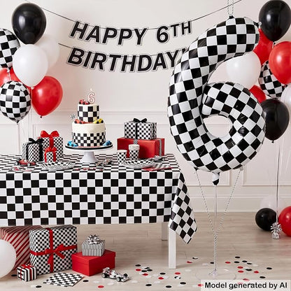 40" Checkered Number 6 Balloon for 6th Race Theme Birthday Party Supplies | 40 - Image 3