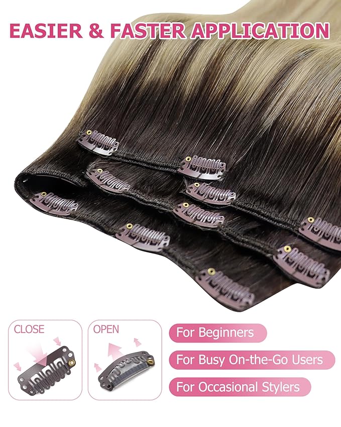YoungSee Balayage Clip in Hair Extensions Medium Brown Ombre Golden Mix Platinum Blonde Balayage Clip in Extensions Invisible Clip in Human Hair Extensions Easy to Install 18Inch 120G 7Pcs