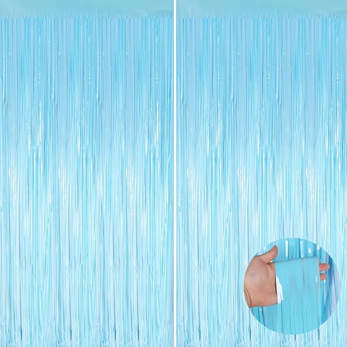 Macaron Light Blue Metallic Tinsel Foil Fringe Curtains, 2 Pack 3.3x8.3 Feet by NUWDHP