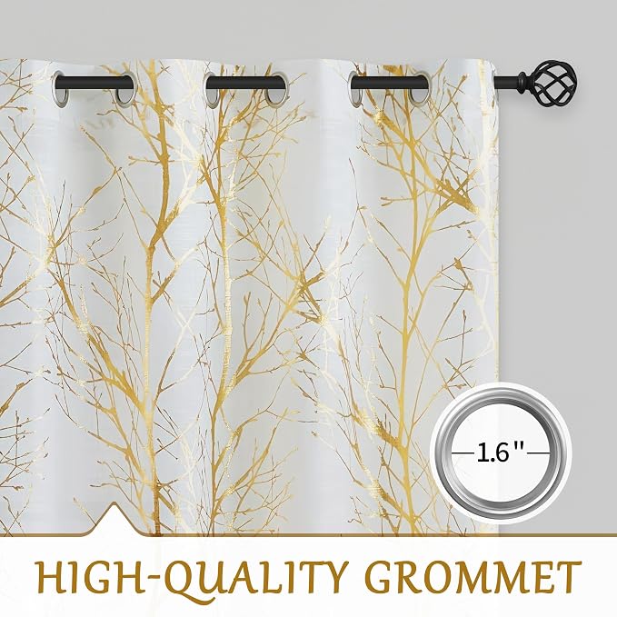 FMFUNCTEX Linen Gold White Semi Sheer Print Curtains 54 Inch Long 2 Panels | - Image 6