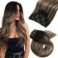 Moresoo Ombre Clip in Hair Extensions Black to Dark Brown with Dark Blonde Extensions Clip in Human Hair Double Weft Balayage Natural Black to Blonde with Brown for Women Long 120g/7pcs 18 inch