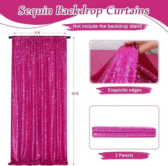 Hot Pink Sequin Backdrop Curtain Panels Stage 2 Pcs 5FTx10FT Wedding Party - Image 2