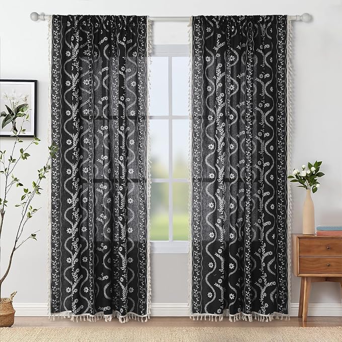 Schweek Black Boho Curtain Tassel 96 Inches Length 2 Panels - Image 2