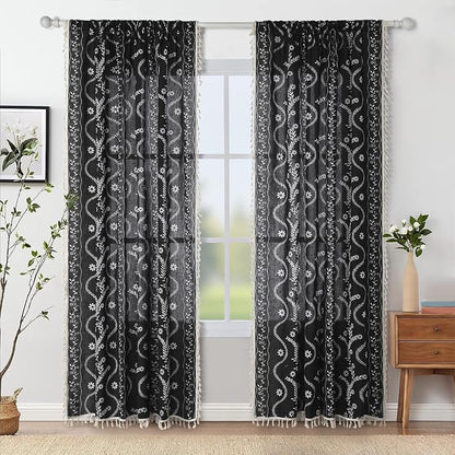 Schweek Black Boho Curtain Tassel 96 Inches Length 2 Panels - Image 2