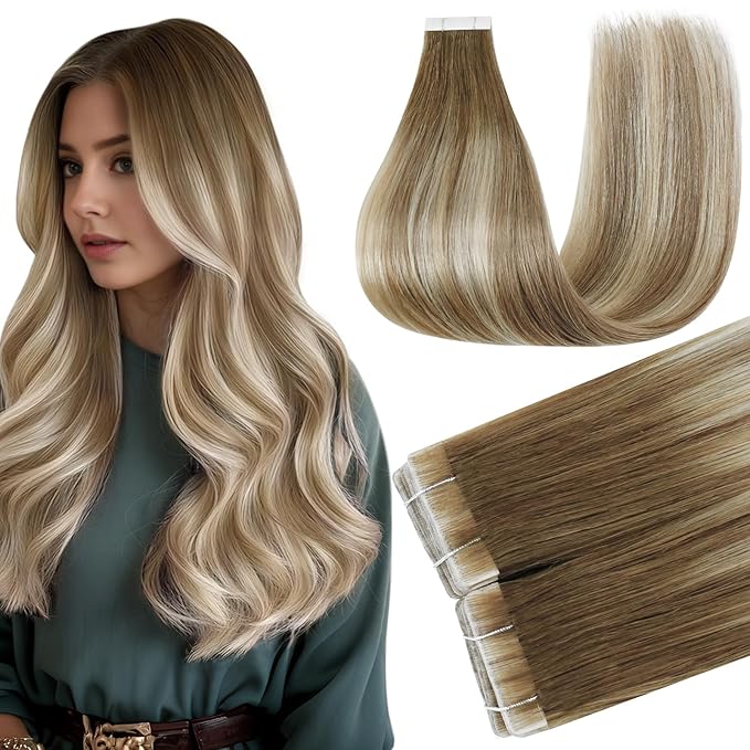 Full Shine Hair Extensions Real Human Hair Tape in Color 3/8/22 Remy Tape in Hair Extensions Cuticles Aligned for Women Bridal Hairstyles Long Straight Extension 18Inch 50G 20Pcs