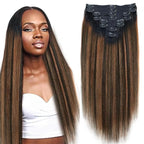 Yaki Straight Clip ins Real Human Hair Extensions For Women Highlight Hair Extensions Yaki Straight Clip in Hair Extensions(26inch,T1BP1B/30)
