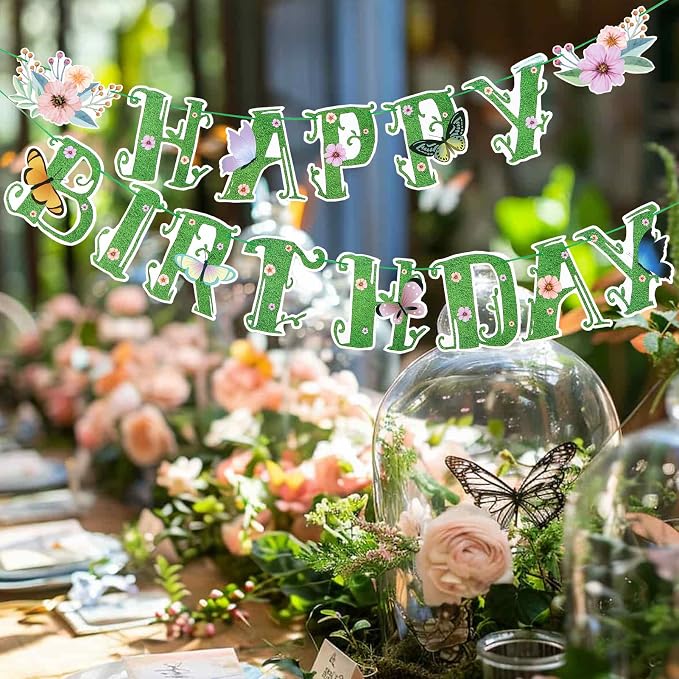 SUNBEAUTY Wildflower Happy Birthday Banner Green Spring Butterfly Flowers Party - Image 2