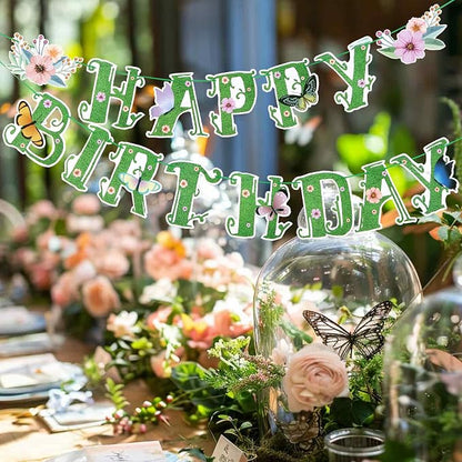 SUNBEAUTY Wildflower Happy Birthday Banner Green Spring Butterfly Flowers Party - Image 2