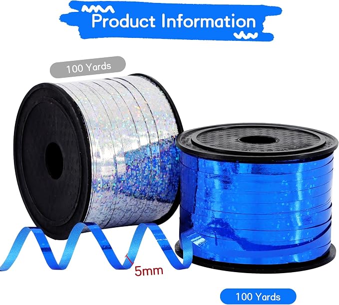 BEISHIDA 2 Pack 100 Yards Blue Silver Curling Crimped Glitter Ribbon Balloon - Image 2