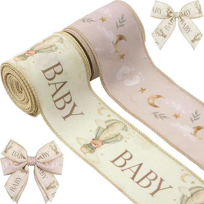 YKW 2.5 Inch Cream Sage Green Ribbon Wired Edge Teddy Bear Hot Air Balloon by YKW